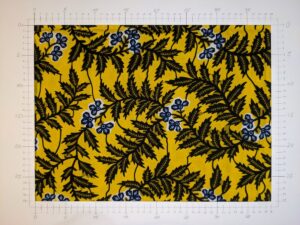 A light fabric with plants pattern, brown/blue on yellow (ID:FS046)